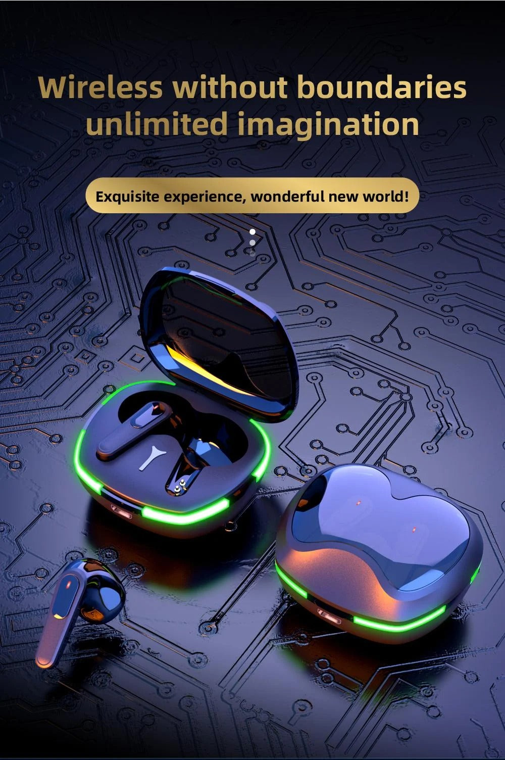 Wireless earbuds with charging case on a circuit board background with text 'Wireless without boundaries unlimited imagination'.