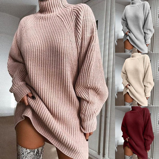 Women's Solid Turtleneck Long Sweater Dress - Winter Warm