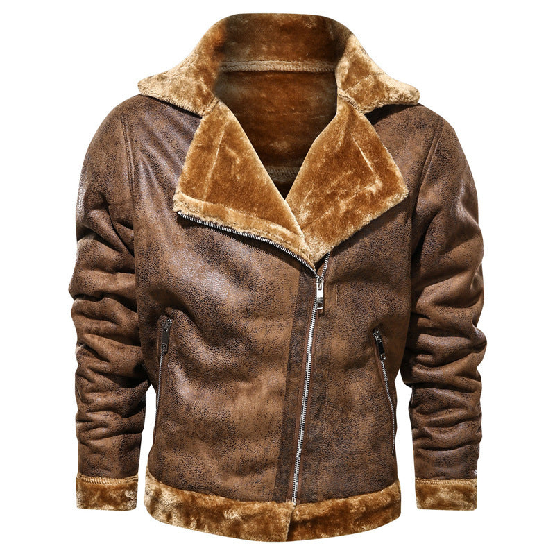 Winter Lapel Leather Jacket with Plus Velvet Lining