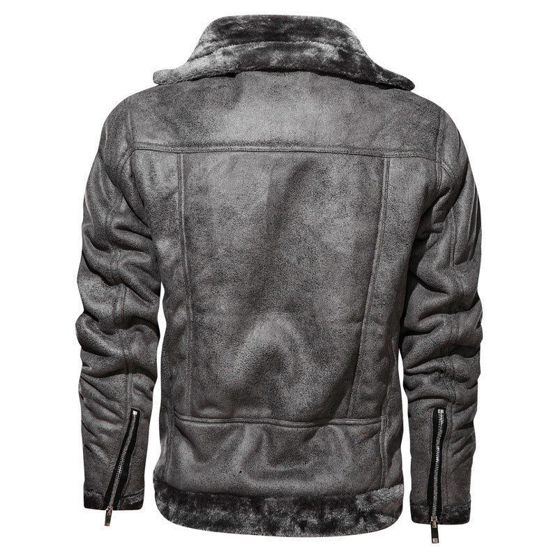 Winter Lapel Leather Jacket with Plus Velvet Lining