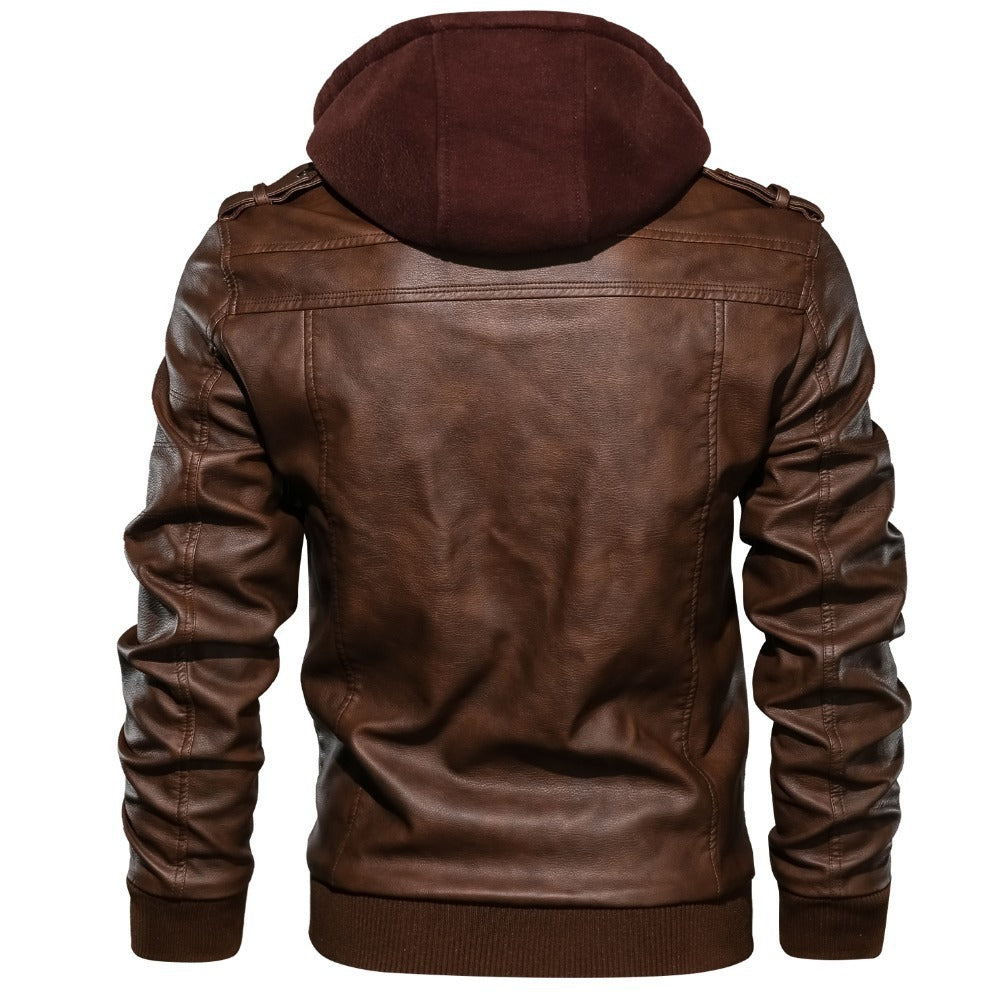 Men's PU Leather Jacket Coat with Removable Cap