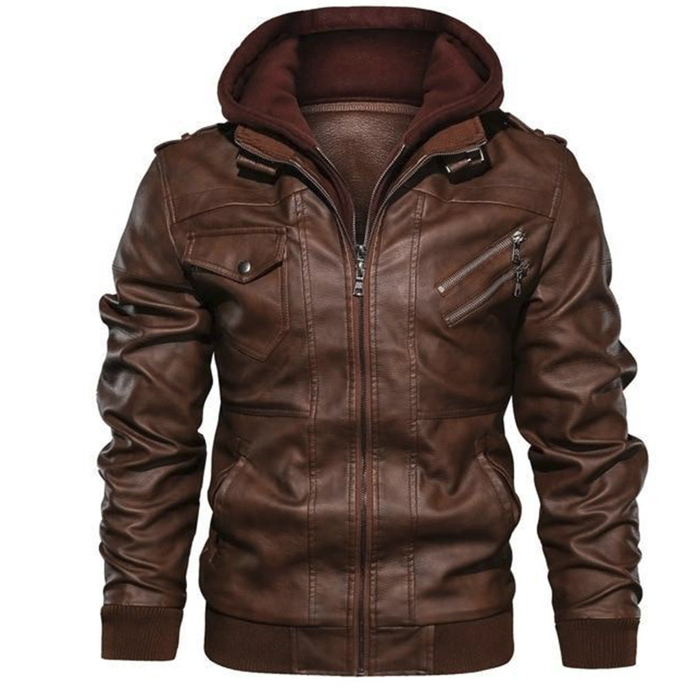 Men's PU Leather Jacket Coat with Removable Cap