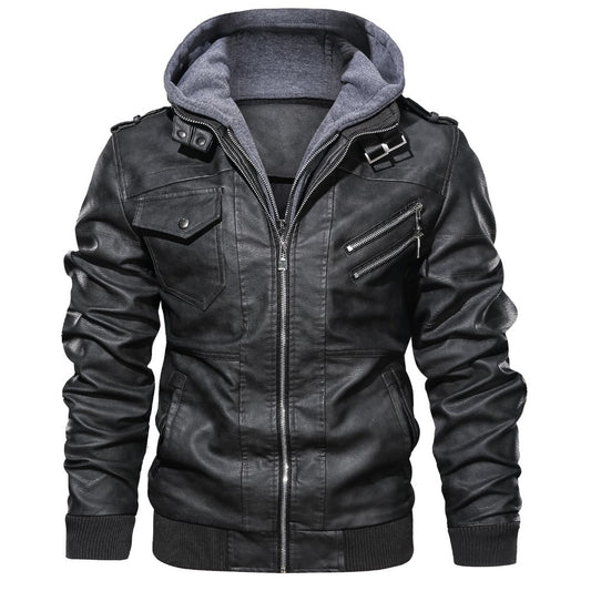 Men's PU Leather Jacket Coat with Removable Cap