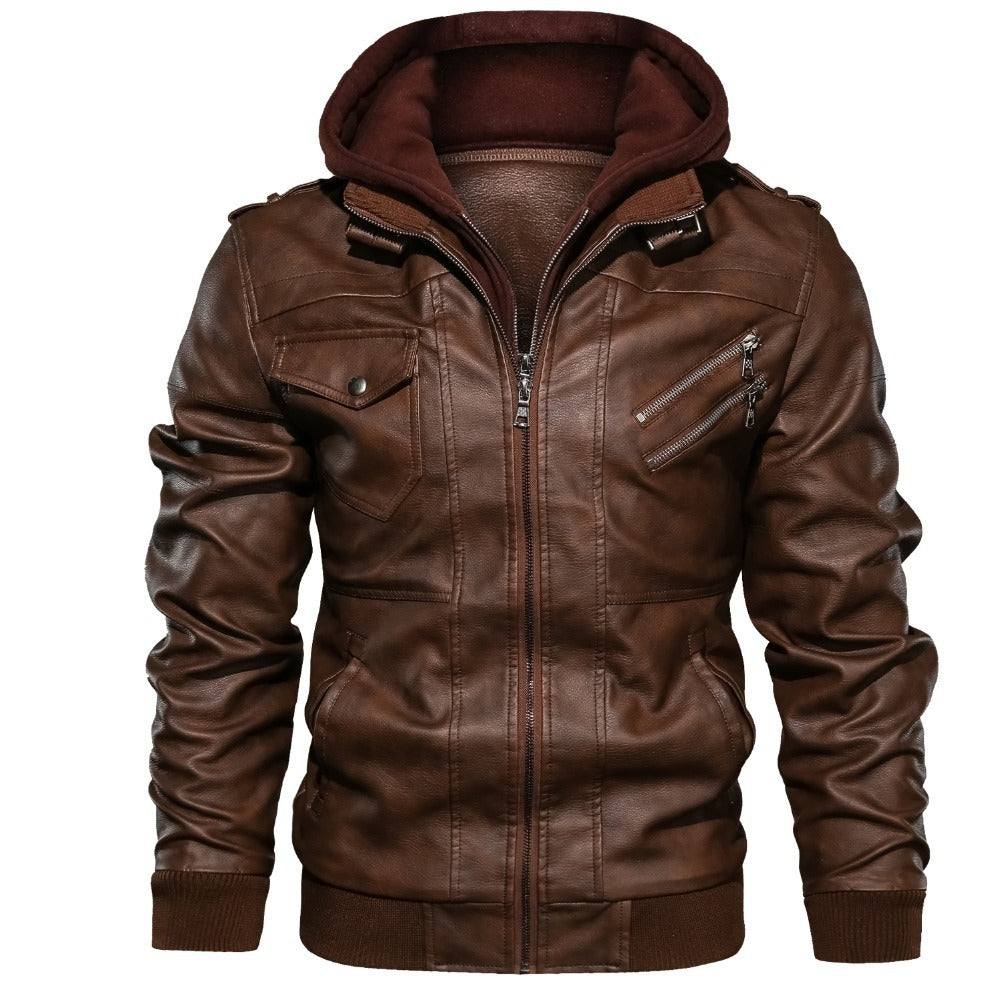 Men's PU Leather Jacket Coat with Removable Cap