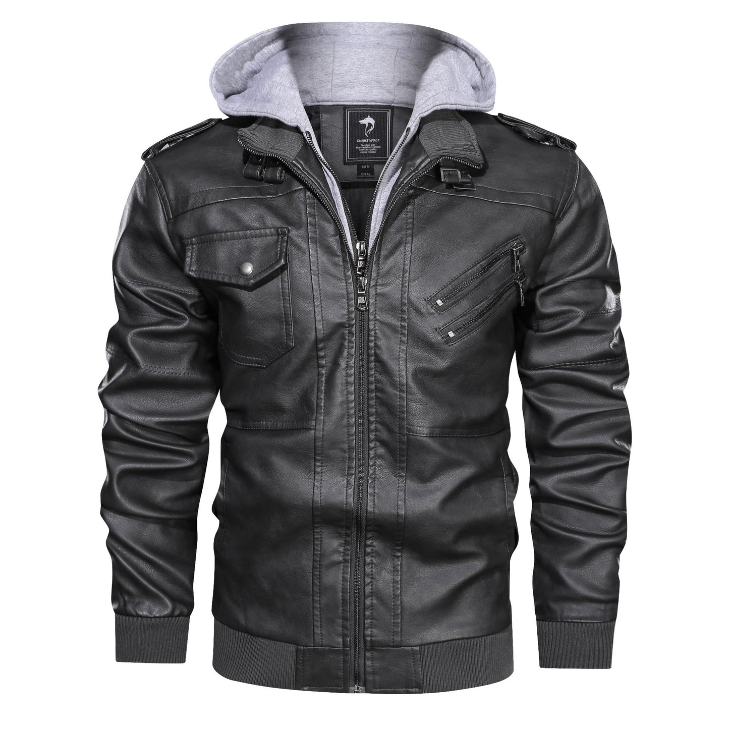 Men's PU Leather Jacket Coat with Removable Cap