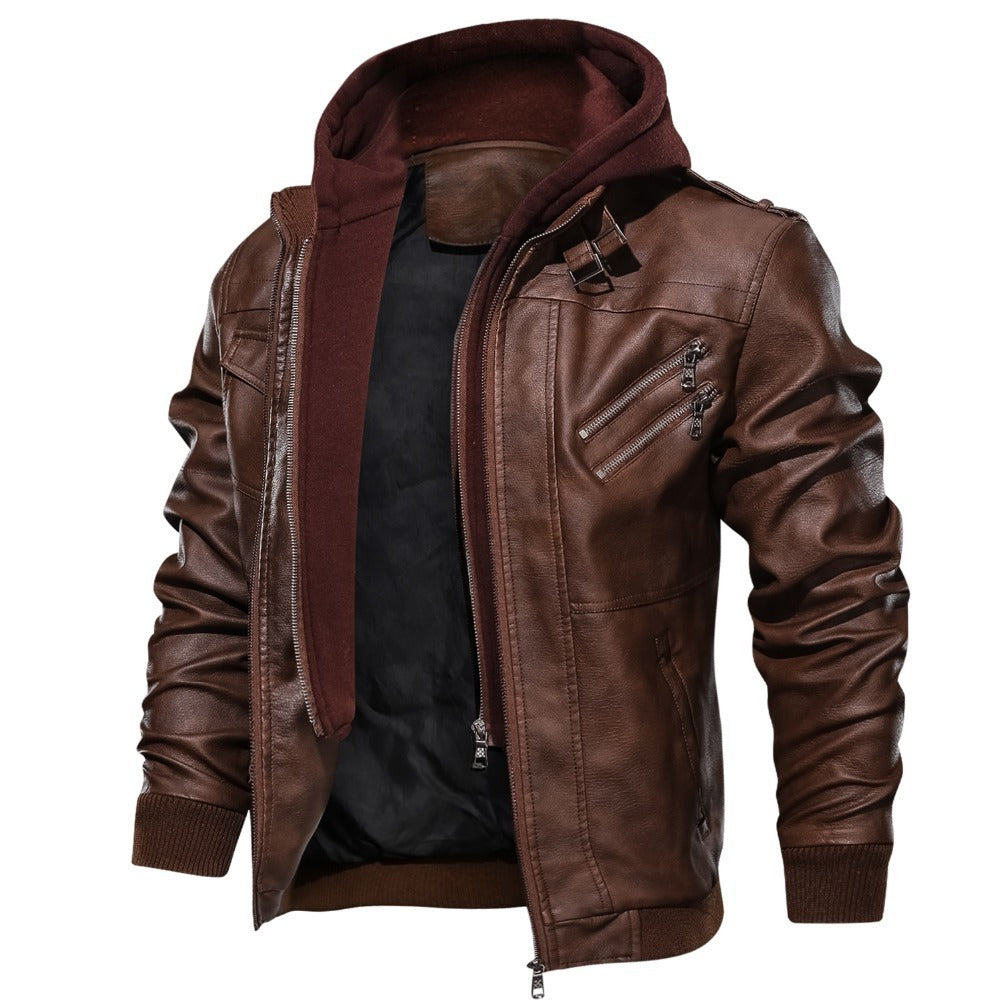 Men's PU Leather Jacket Coat with Removable Cap