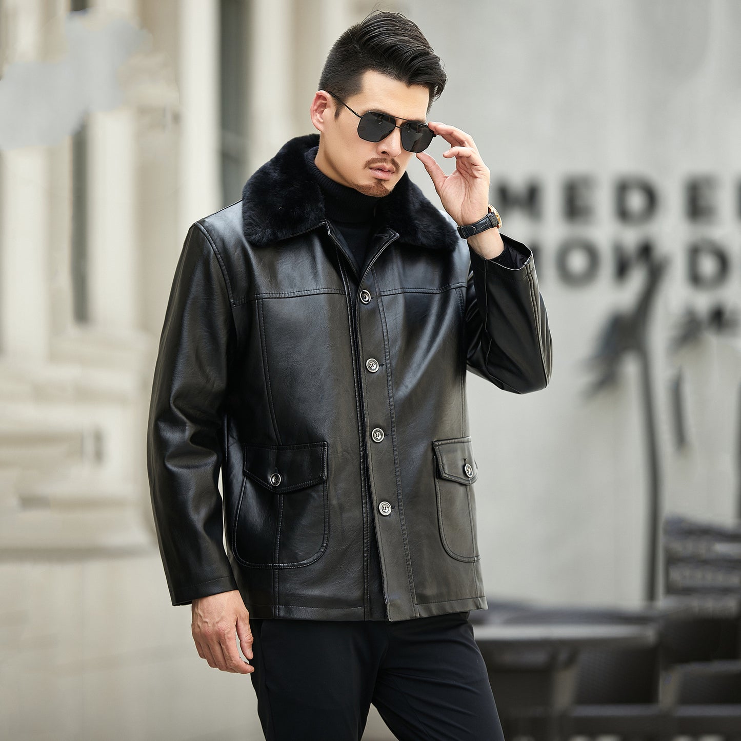 Men's PU Leather Jacket with Fur Collar