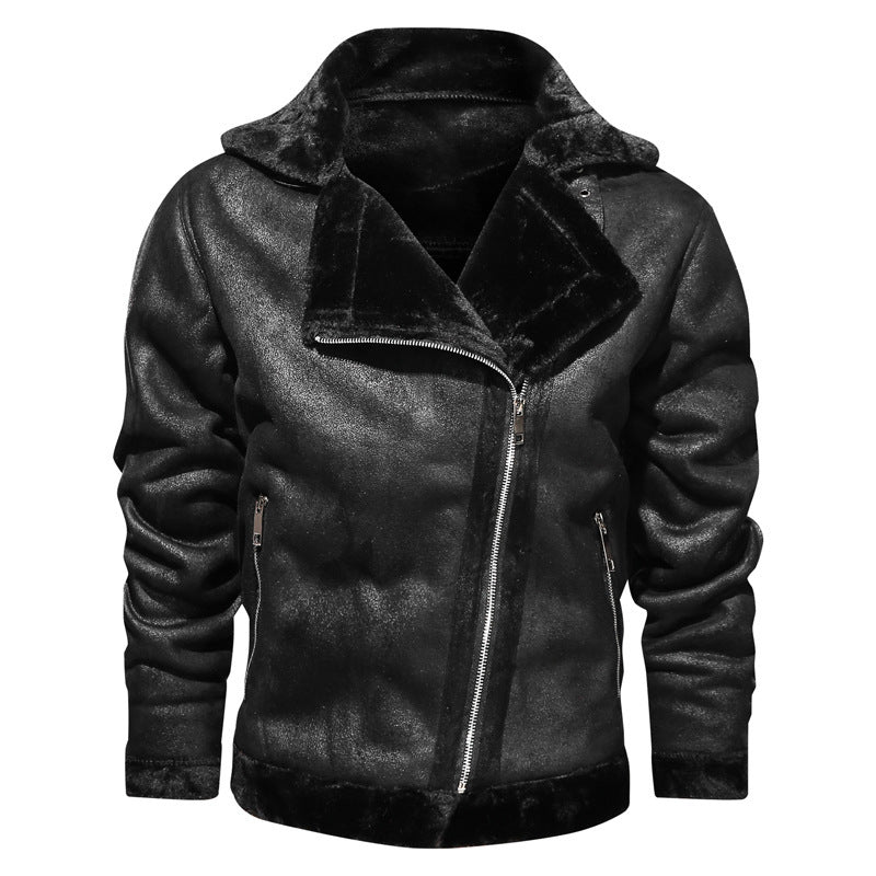 Winter Lapel Leather Jacket with Plus Velvet Lining