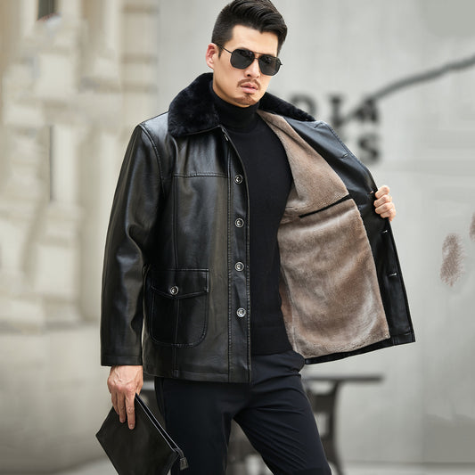 Men's PU Leather Jacket with Fur Collar