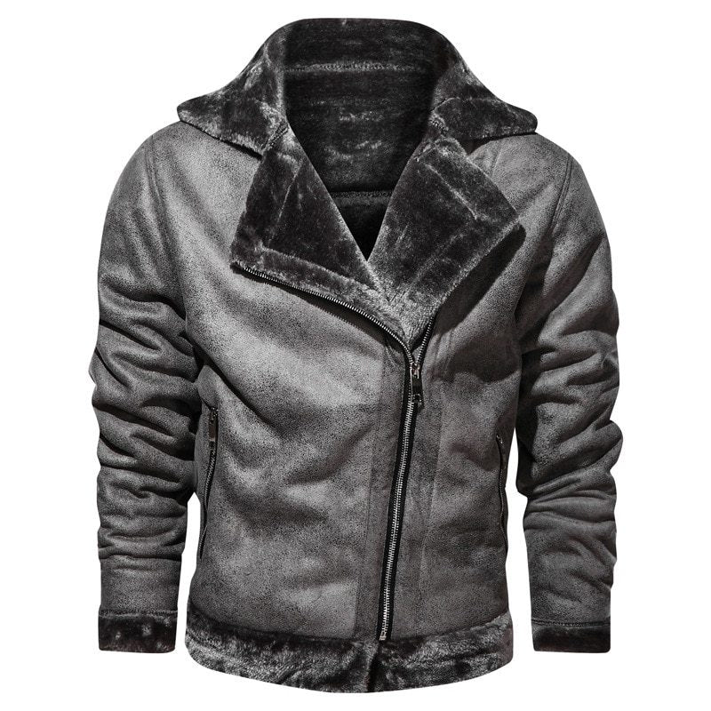 Winter Lapel Leather Jacket with Plus Velvet Lining