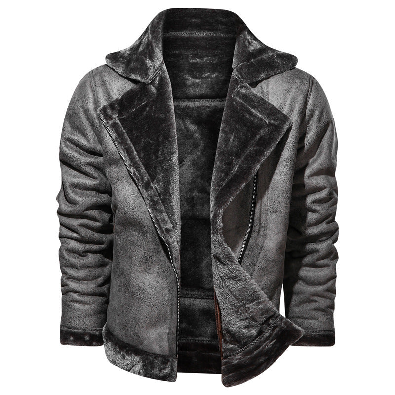 Winter Lapel Leather Jacket with Plus Velvet Lining