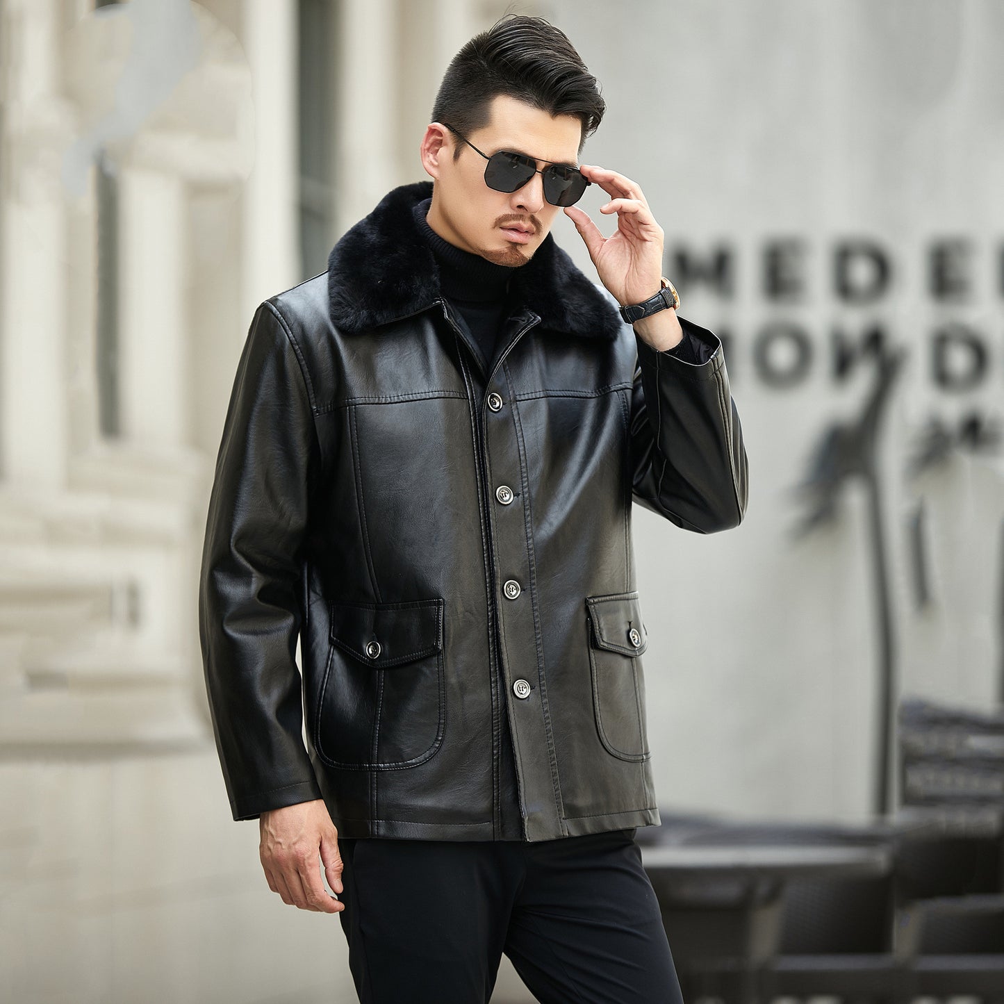 Men's PU Leather Jacket with Fur Collar