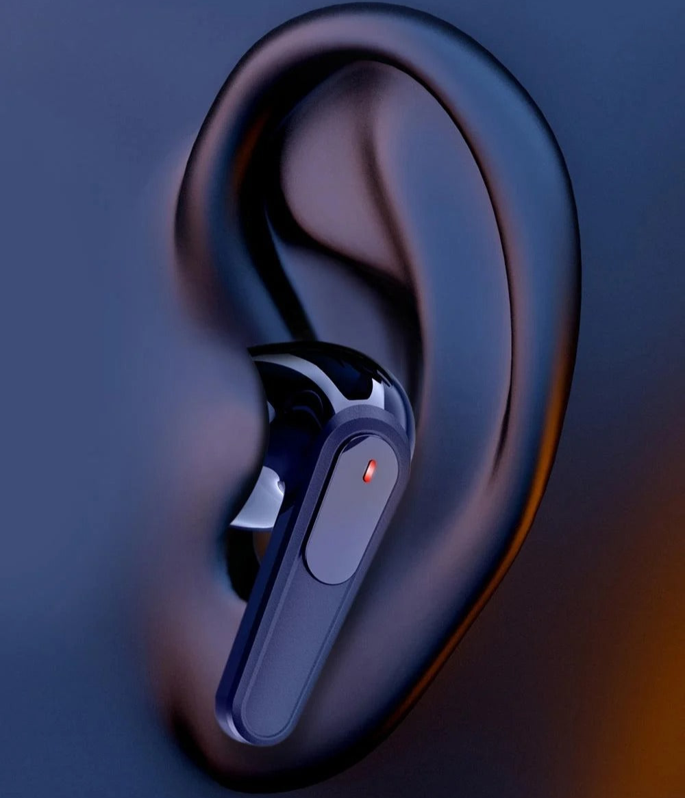 Wireless earbud with text on a blue background