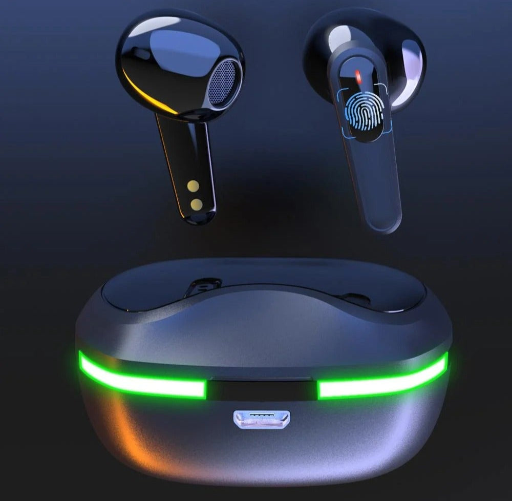 Wireless earbuds with charging case on a dark background, featuring text about touch operation.